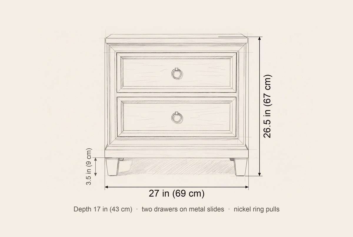 Villacidro nightstand dimensions: 27 in wide, 26.5 in high, 17 in deep