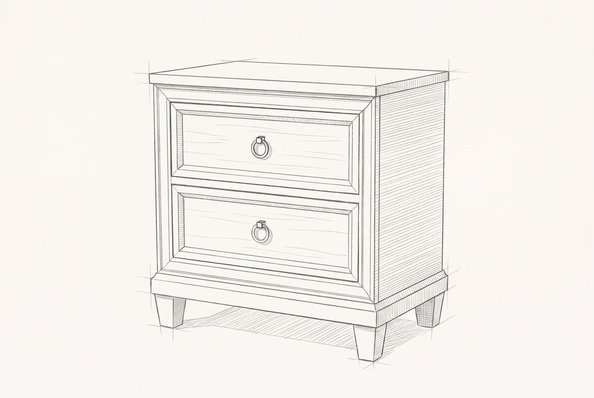 Pencil sketch of the Villacidro nightstand, drawn from the same three-quarter view