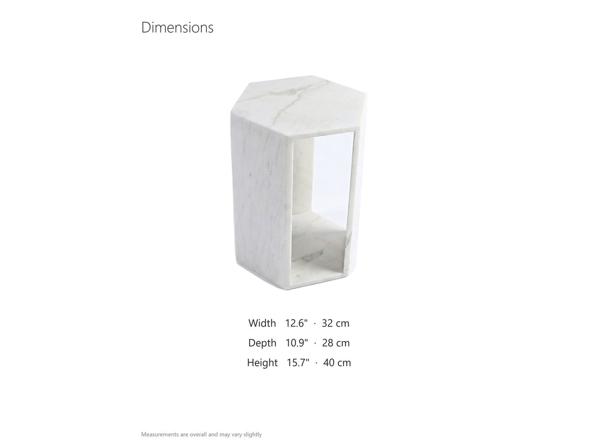 Vitozza White Marble Hexagon Side Table dimensions: 12.6 in wide, 10.9 in deep, 15.7 in high