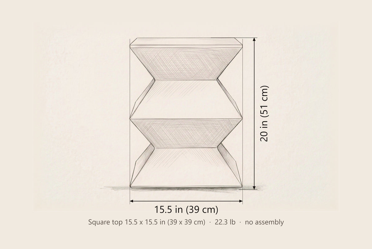 Zafferana side table dimensions: 15.5 in wide, 20 in high