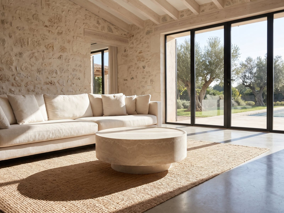 Zagarolo Faux Travertine Round Drum Coffee Table on a jute rug in front of a linen sofa in a poolside villa