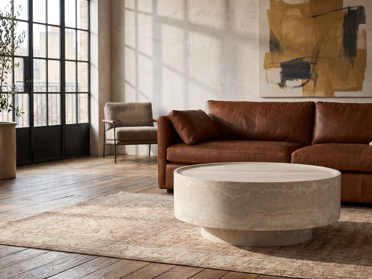Zagarolo Faux Travertine Round Drum Coffee Table on a vintage rug in front of a leather sofa in an industrial loft