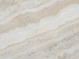 Close-up of the Zagarolo Faux Travertine Round Drum Coffee Table: the honed travertine-look veining of the round top