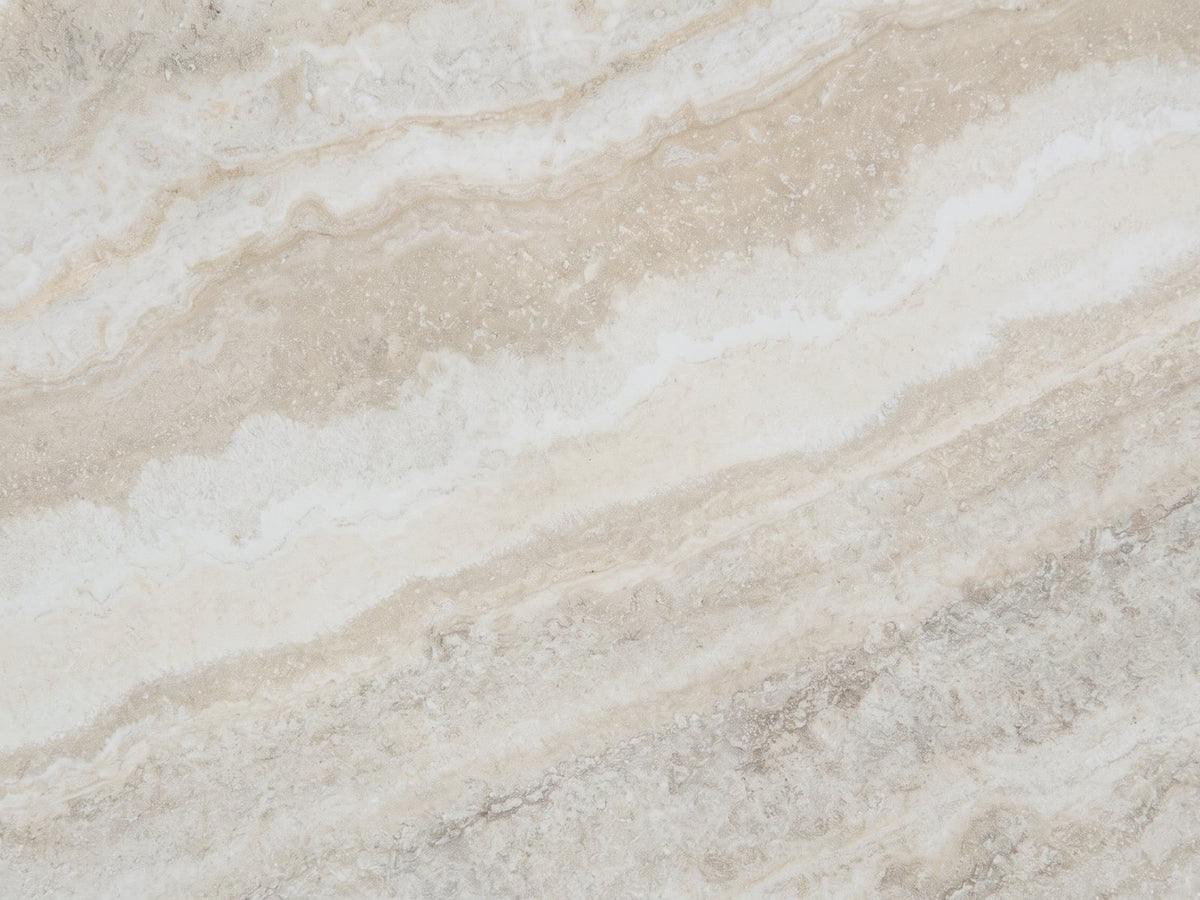 Close-up of the Zagarolo Faux Travertine Round Drum Coffee Table: the honed travertine-look veining of the round top