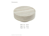 Zagarolo Faux Travertine Round Drum Coffee Table dimensions: 31.5 in wide, 31.5 in deep, 12.8 in high