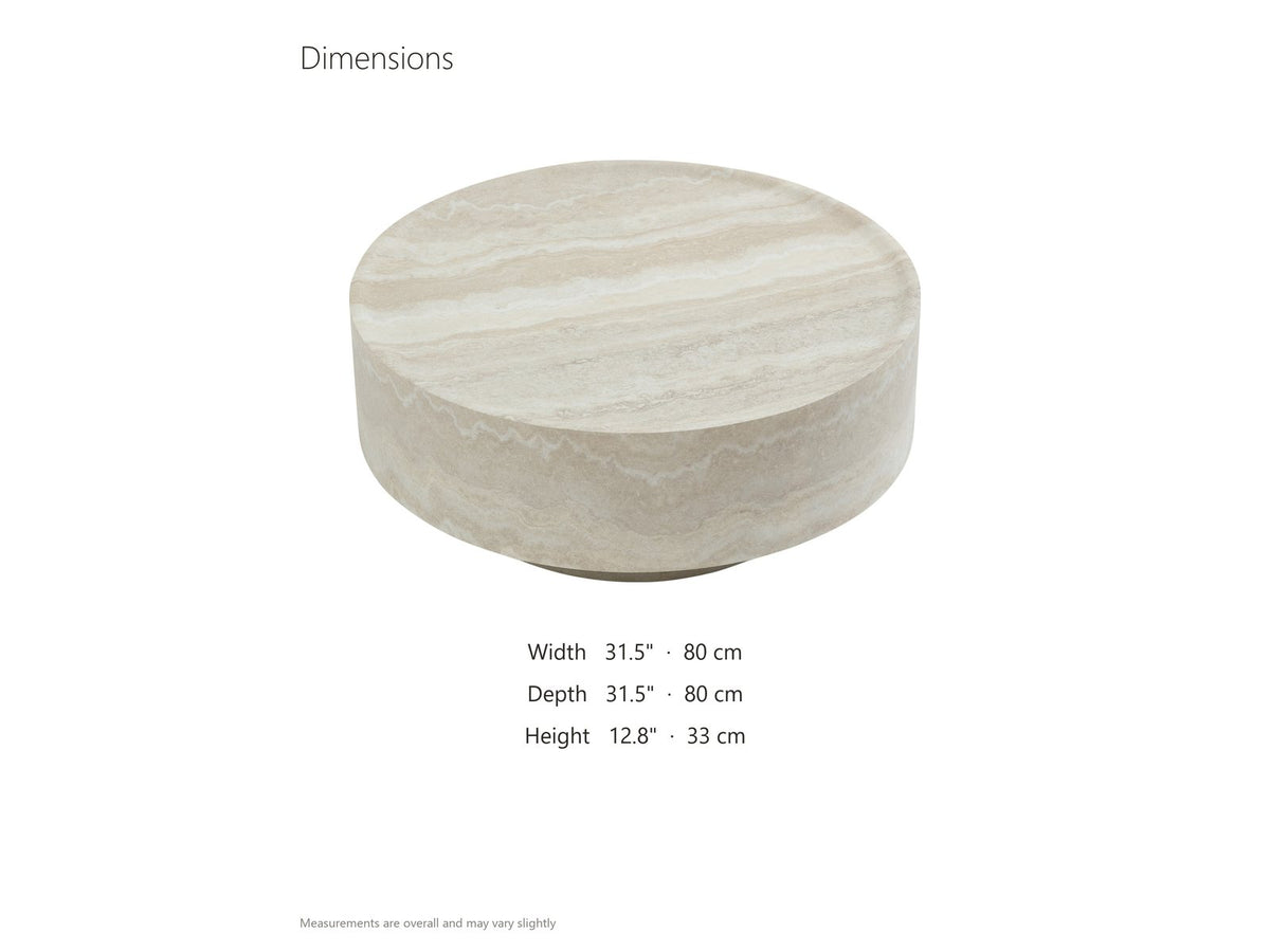 Zagarolo Faux Travertine Round Drum Coffee Table dimensions: 31.5 in wide, 31.5 in deep, 12.8 in high