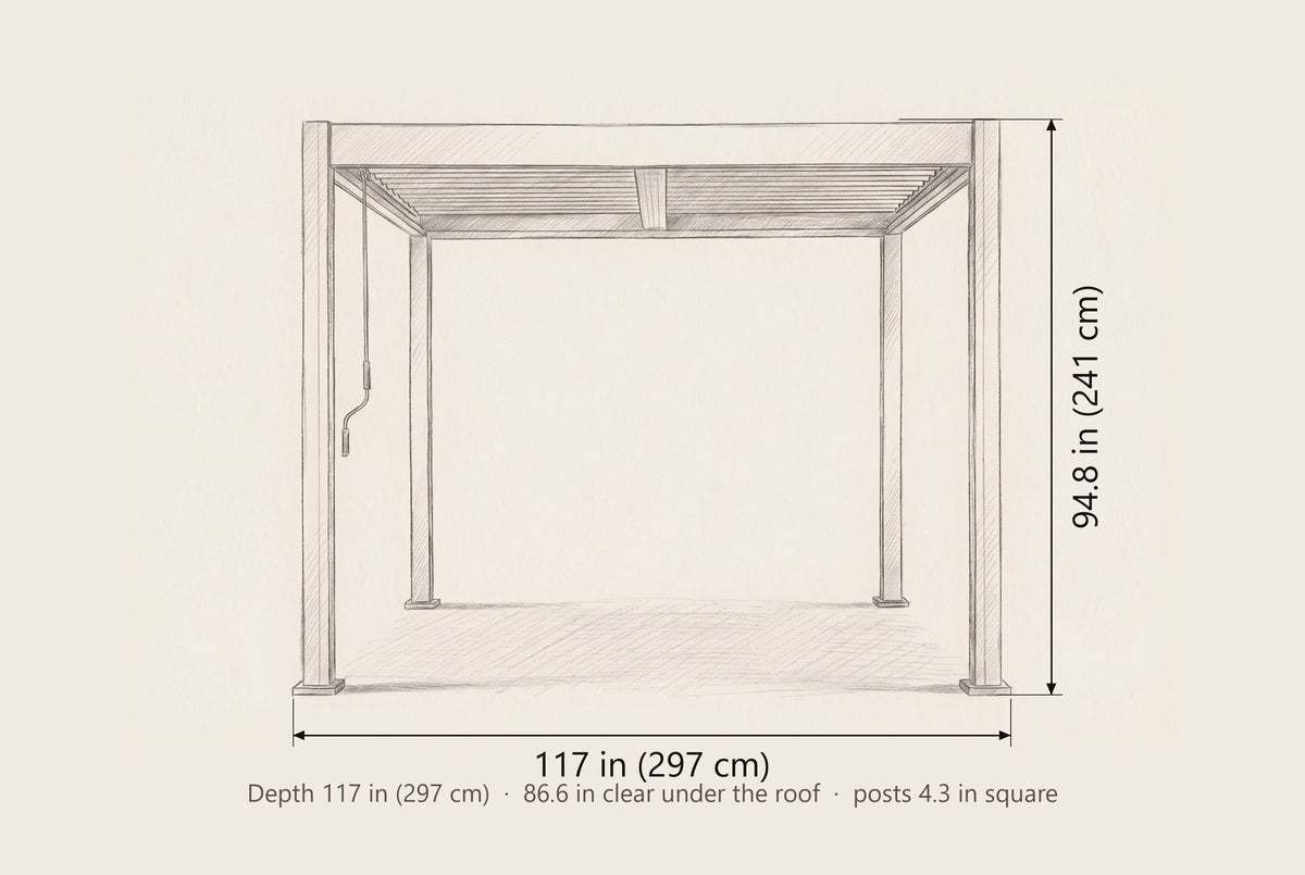 Zingaro pergola dimensions: 117 in wide, 94.8 in high, 117 in deep