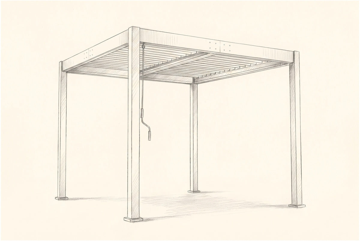 Pencil sketch of the Zingaro louvered pergola, three-quarter view
