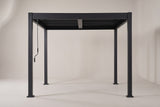 The Zingaro pergola seen straight from the front: two posts, the fascia beam and the louvered roof with its centre beam
