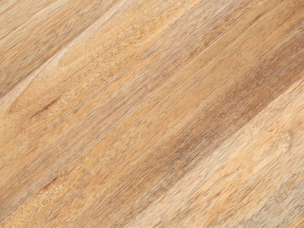 Close-up of the Zollino Mango and Marble Pedestal Side Table: the natural mango grain of the round tray top