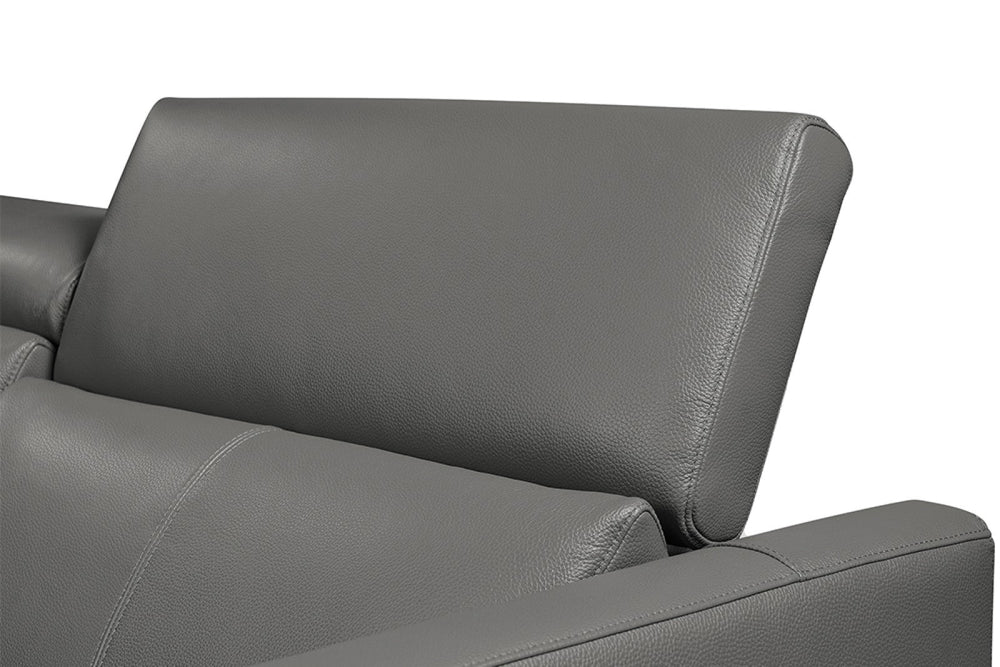 right side headrest view  of a modern, grey, three seats, leather sofas on white background