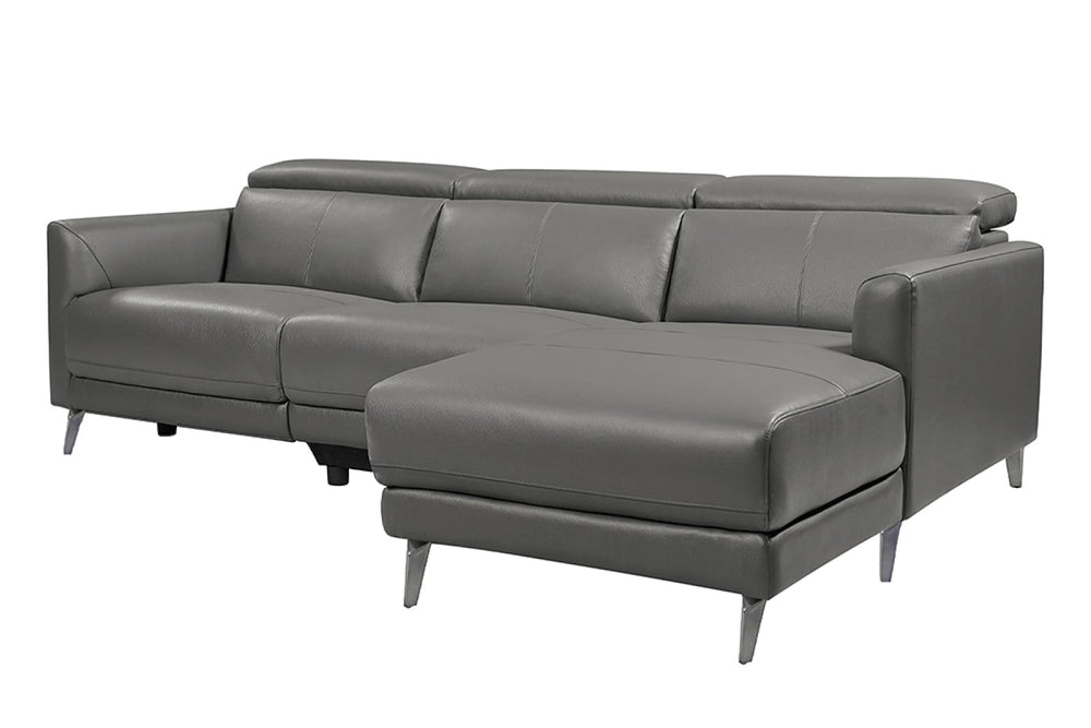 right angled front view of a modern, grey, three seats, leather sofas on white background