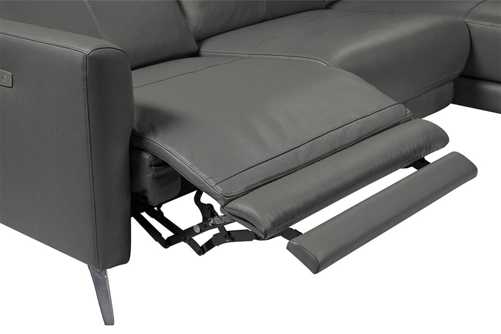 left side reclining on view of a modern, grey, three seats, leather sofas on white background