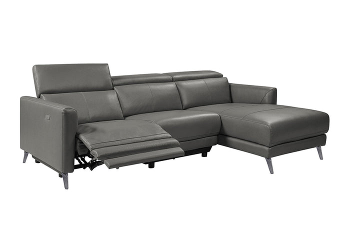 Left angled reclining and headrest on view of a modern, grey, three seats, leather sofas on white background