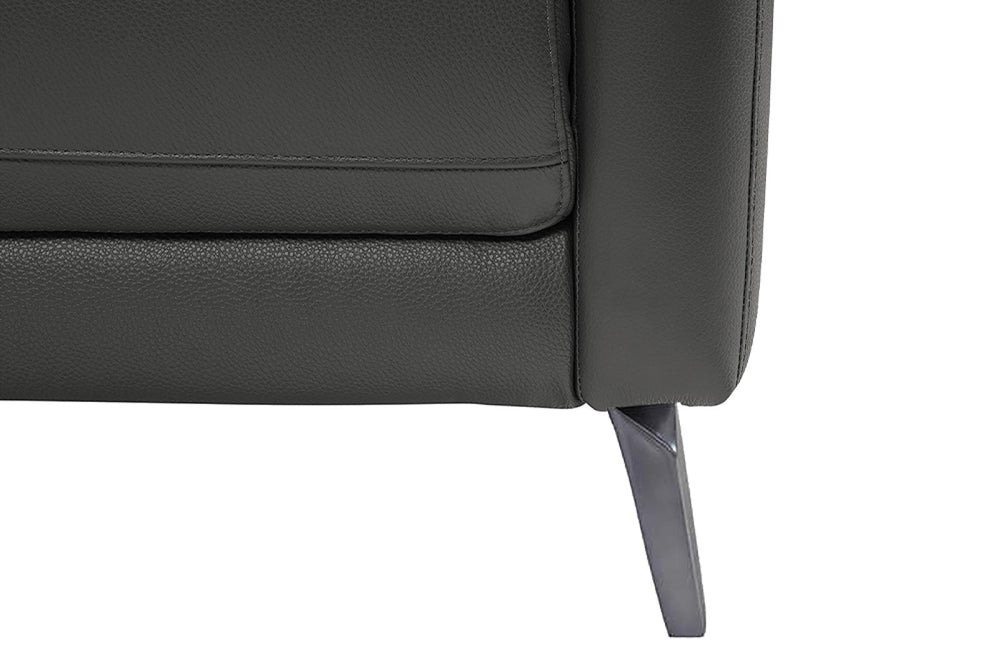 front side metal leg view of a modern, grey, three seats, leather sofas on white background