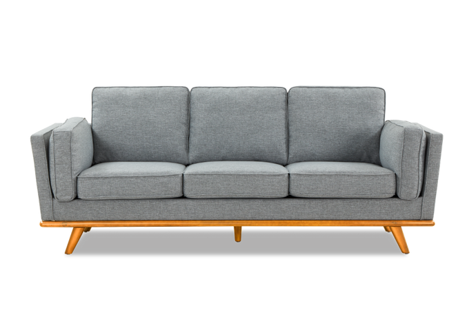 Straight Front View of A Modern, Grey, Three Seats, Fabric Artisan Swiss Linen Sofa.