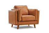 A single - seater leather armchair made of premium Italian Nappa 11000 leather, with a sturdy alder wood frame, high - resilience foam/fiber cushions and removable covers, featuring a blend of contemporary and mid - century modern style.