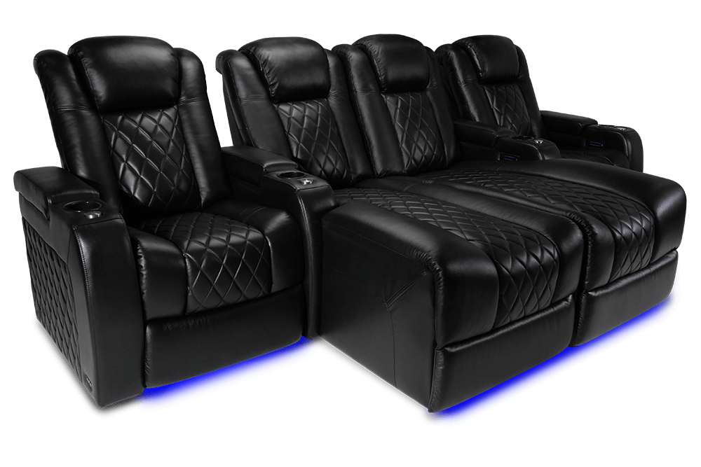 Valencia Tuscany Chaise Leather Home Theater Seating Row of 4 Loveseat Double Chaise Center, Midnight Black