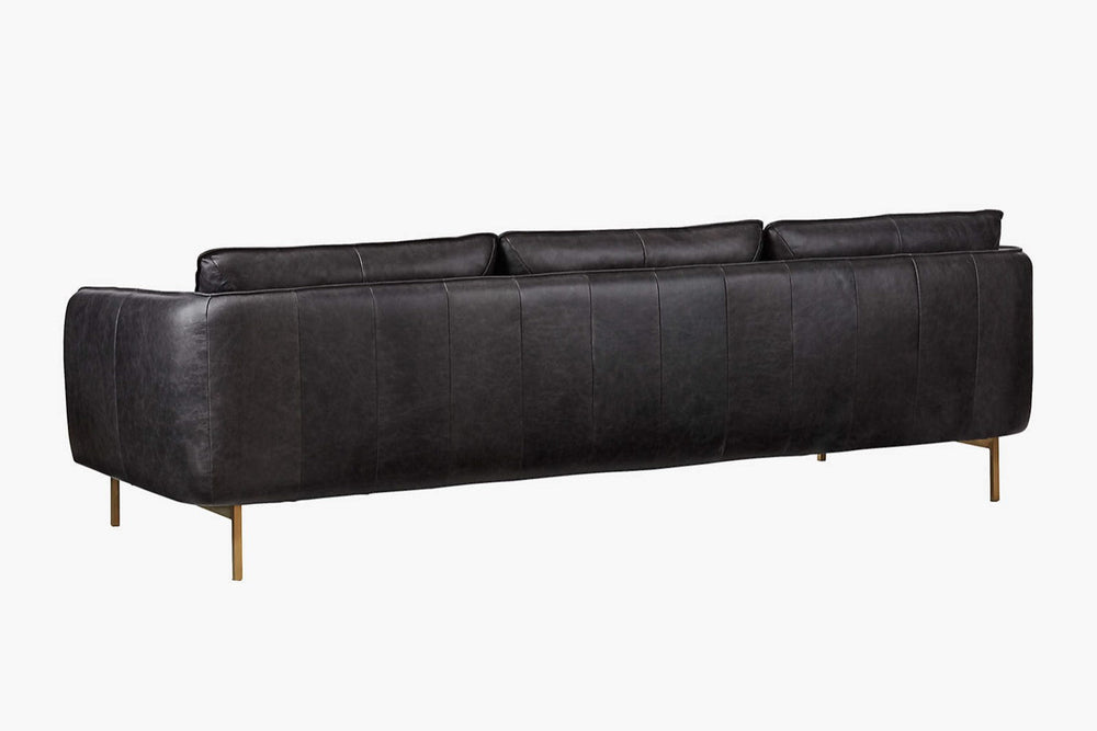 Back-Side Back View of A Mid-Century Modern, Black, Three Seats, Top Grain Leather Sofa on a White Background.