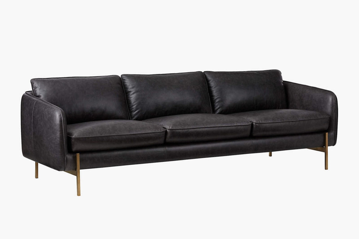 Left Angled Front View of A Mid-Century Modern, Black, Three Seats, Top Grain Leather Sofa on a White Background.