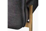 Left-Side Stainless Steel Leg Closeup view of A Mid-Century Modern, Black, Three Seats, Top Grain Leather Sofa on a White Background.