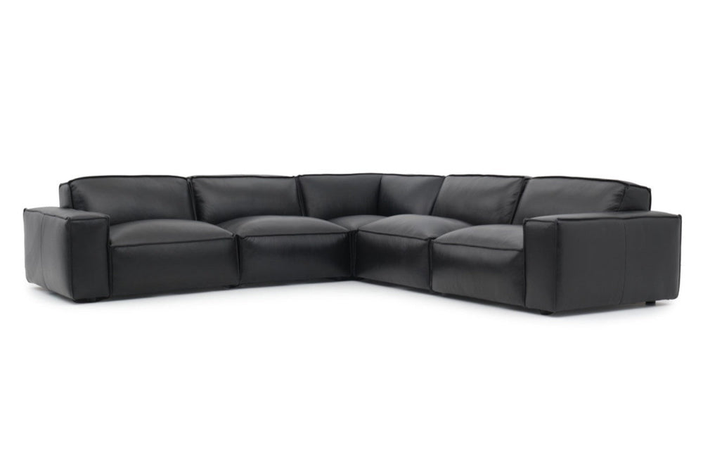 Straight Front View of A Modern, Black, Five Seats, Full Top Grain Leather Modular Sofa on a White Background.