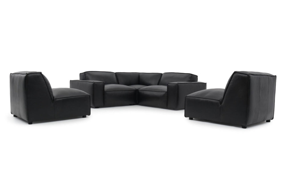 A Modern, Black, Three Seats, Full Top Grain Leather Modular Sofa with Two Single Adjust Sofa on a White Background.
