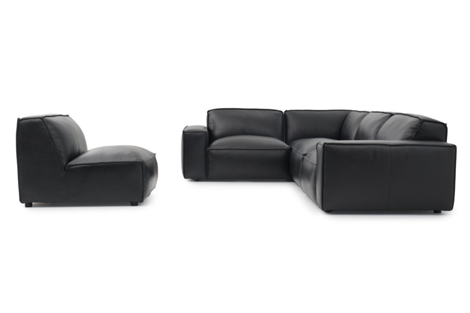 Right-Side Back View of A Modern, Black, Four Seats, Full Top Grain Leather Modular Sofa with a Single Adjust Sofa on a White Background.