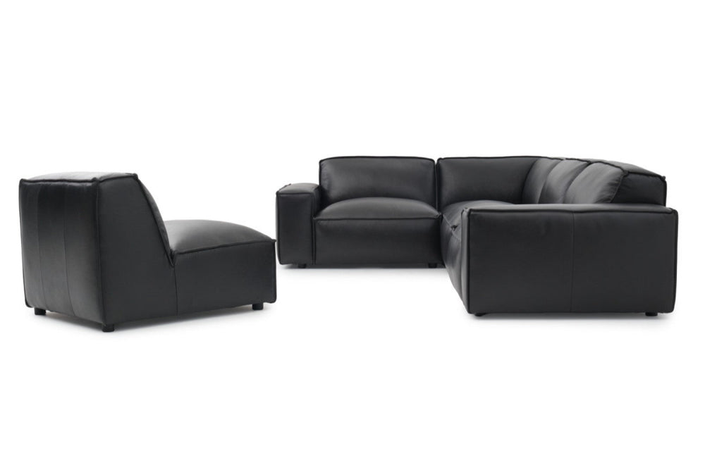 Right-Side Back View of A Modern, Black, Four Seats, Full Top Grain Leather Modular Sofa with a Single Adjust Sofa on a White Background.