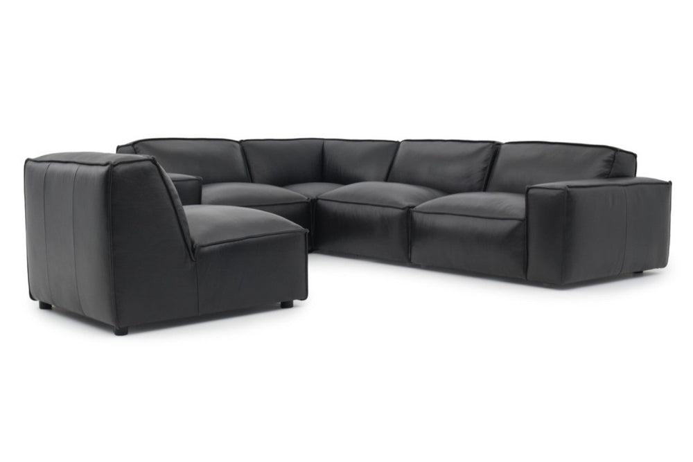 Straight Front View of A Modern, Black, Four Seats, Full Top Grain Leather Modular Sofa with a Single Adjust Sofa on a White Background.