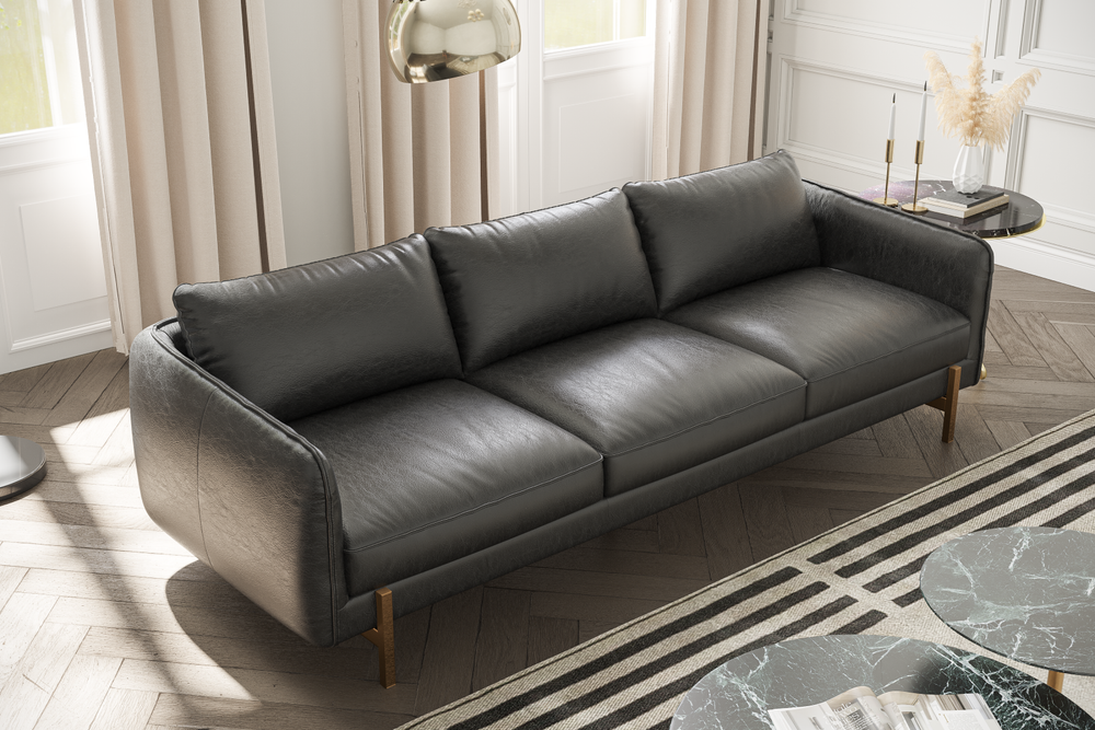 Valencia Gabriele Leather Three Seats Sofa With Brass Finished Legs Black Color