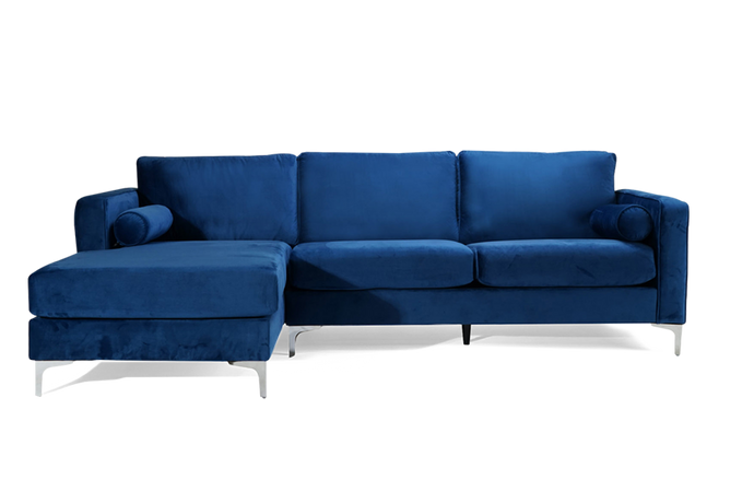 Straight Front View of A Modern and Stylish, Blue, Two Seats and 1 Chaise, Luna L Shape Sofa.