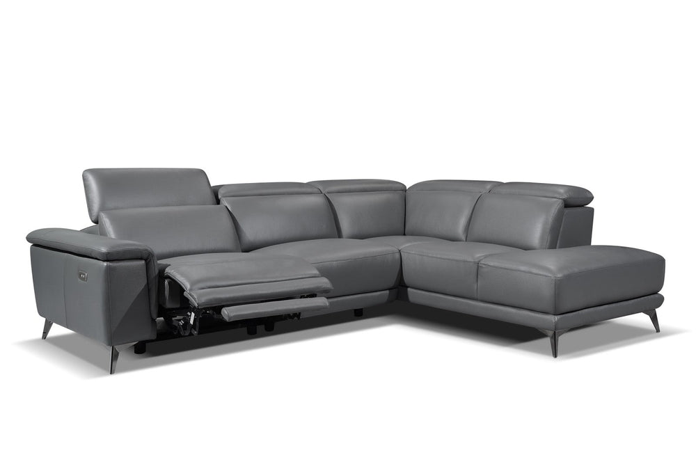 left side power headrest and recliner on, middle angled front view of a modern, grey, five seats, leather sofa on white background