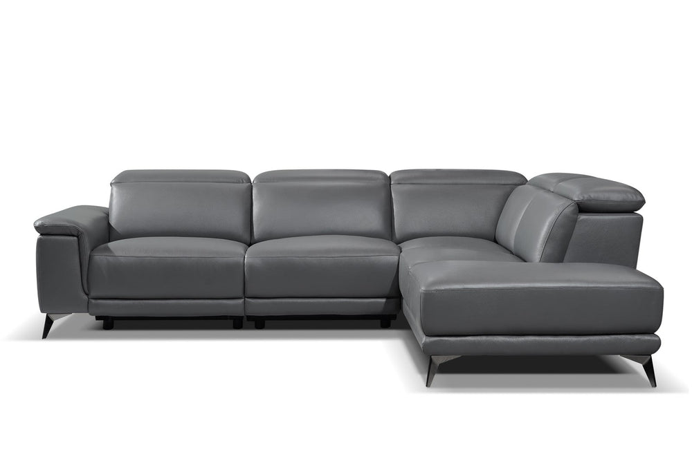 a modern, grey, five seats, leather sofa front view on white background