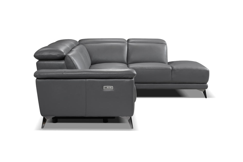 Left side back view of a modern, grey, five seats, leather sofa on white background