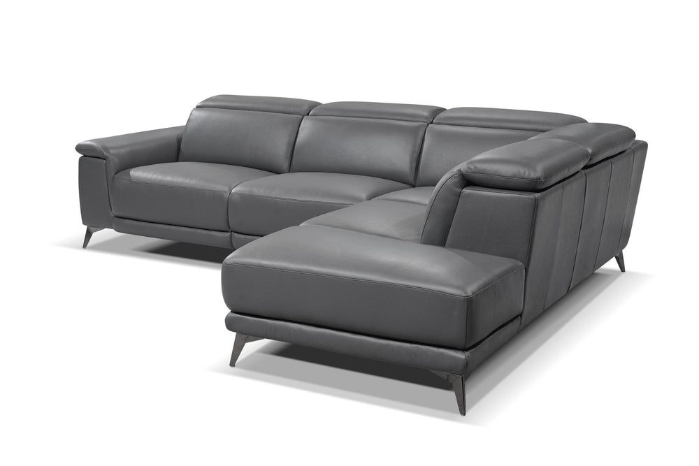 Right angled front view of a modern, grey, five seats, leather sofa on white background