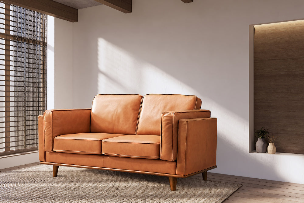 Valencia Artisan Top Grain Leather Loveseat Cognac Sofa Scene map-1
