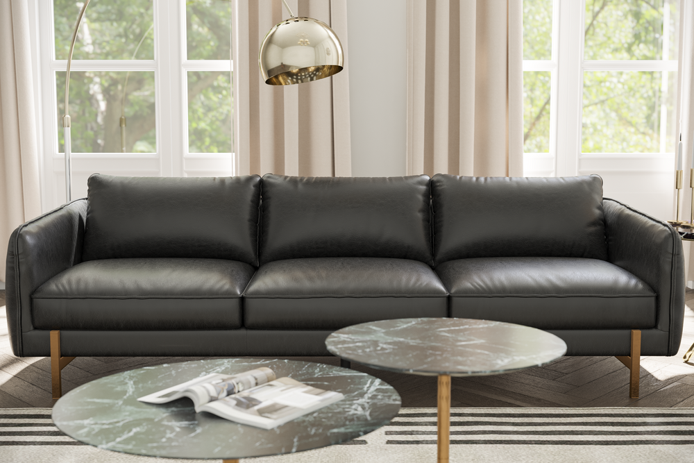 Valencia Gabriele Leather Three Seats Sofa With Brass Finished Legs Black Color