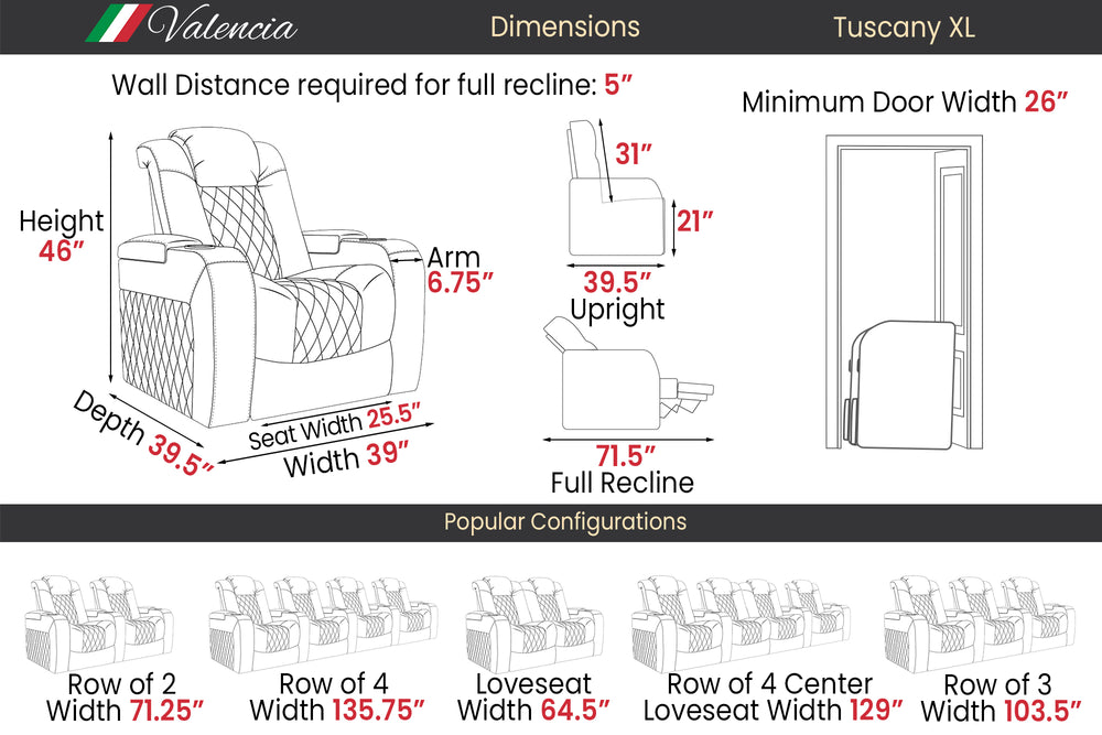 Valencia 2025 New Tuscany XL Leather Home Theater Seating Row of 2, Midnight Black