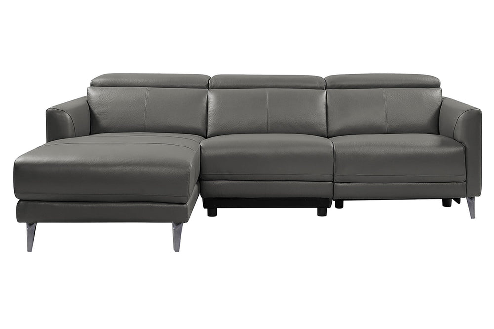 a modern, grey, three seat, leather sofas in front view on white background