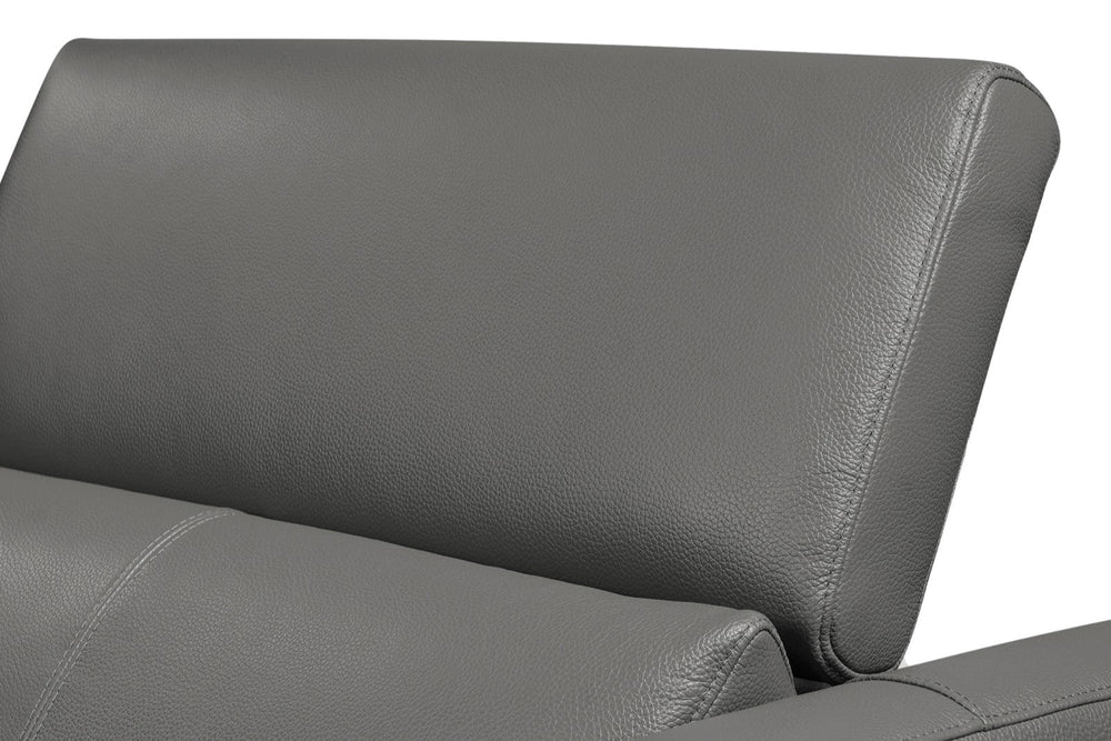 right side headrest view of a modern, grey, three seats, leather sofas on white background
