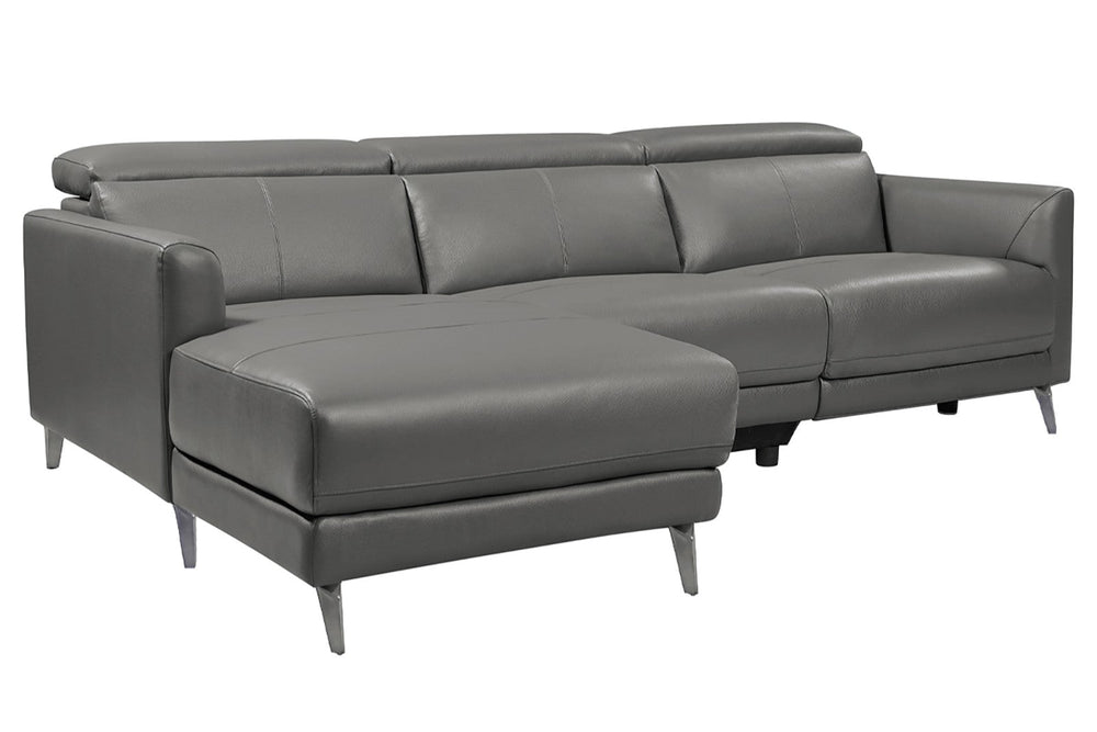 left angled front view of a modern, grey, three seats, leather sofas on white background