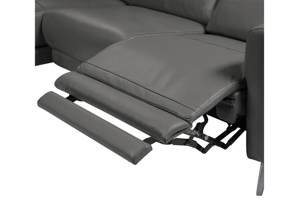 right side reclining on view of a modern, grey, three seats, leather sofas on white background