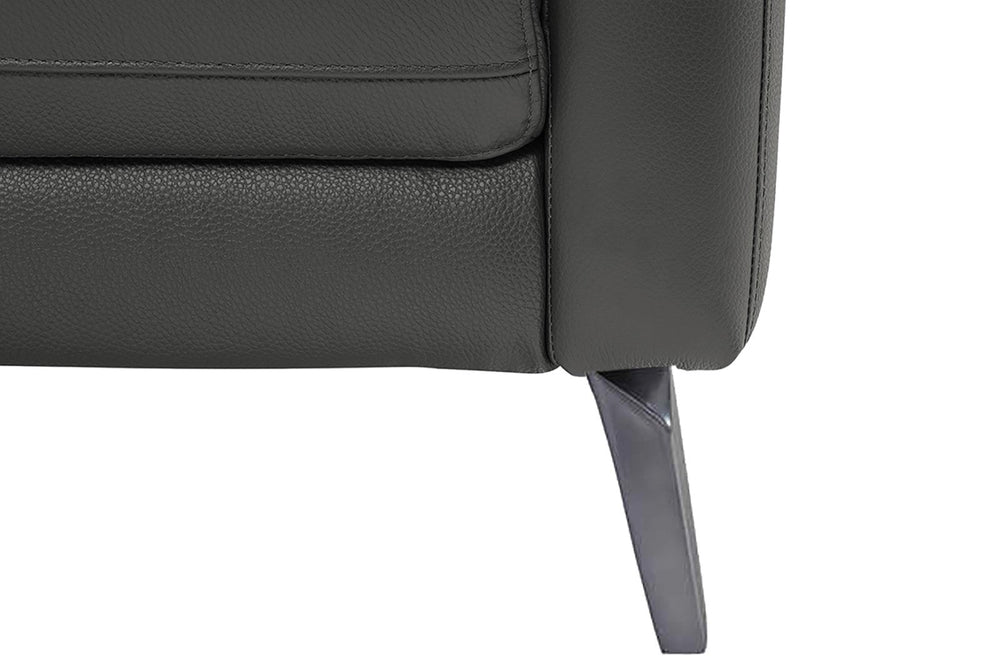 front side metal leg view of a modern, grey, three seats, leather sofas on white background