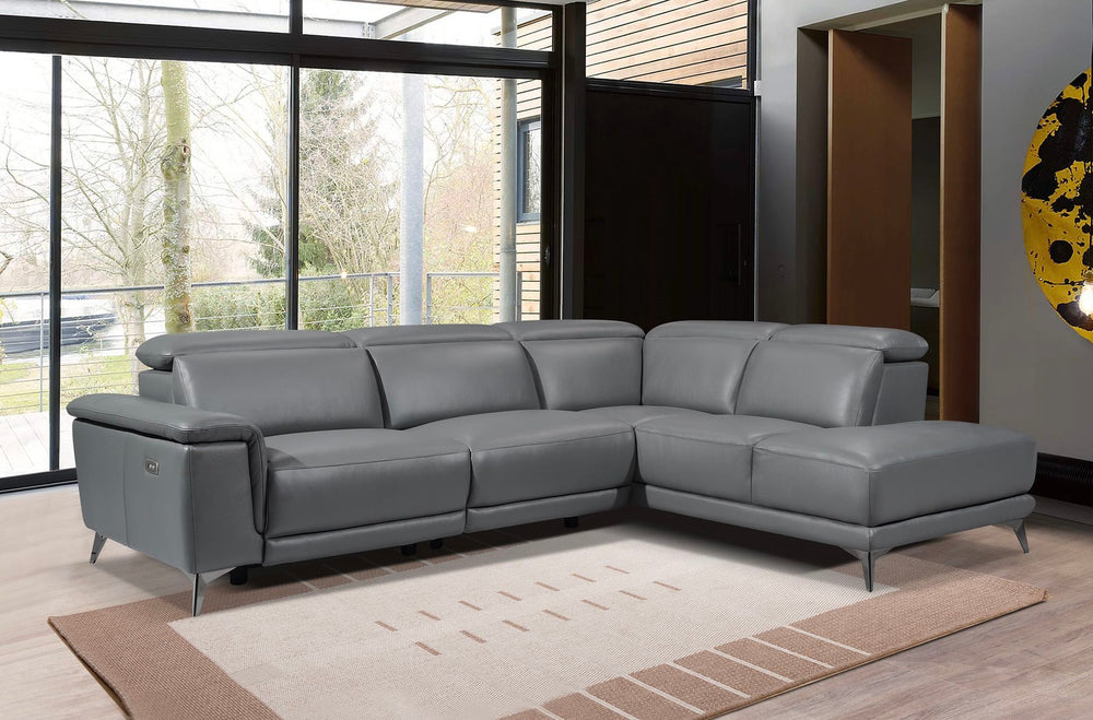 Valencia Pista Modern Top Grain Leather Reclining Sectional Sofa with Right-hand Facing Chaise, Grey